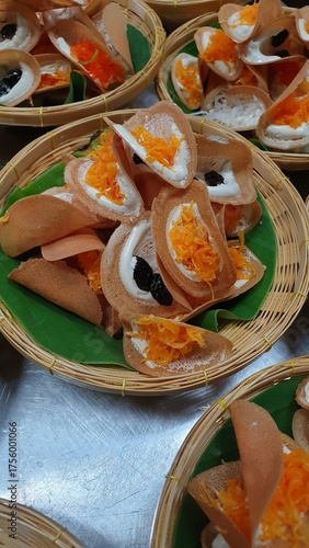 Thai Crispy Pancakes in Woven Baskets, Thai dessert, Thaifood.
