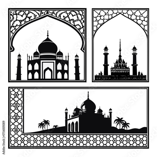 Collection of silhouette illustrations of famous indian monuments including the taj mahal and other architectural wonders framed by intricate islamic patterns