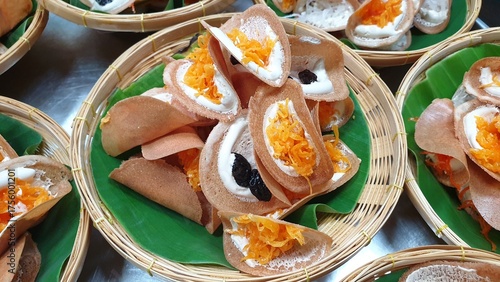 Thai Crispy Pancakes in Woven Baskets, Thai dessert, Thaifood.