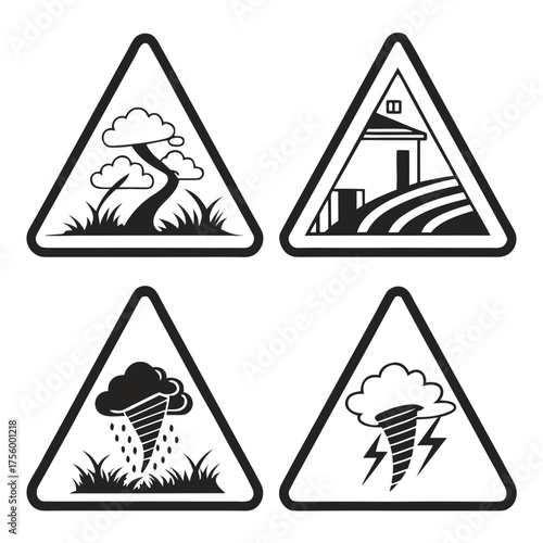 Set of four triangular warning signs depicting natural disasters and environmental hazards including a tree a house and fields a tornado with rain and a tornado with lightning