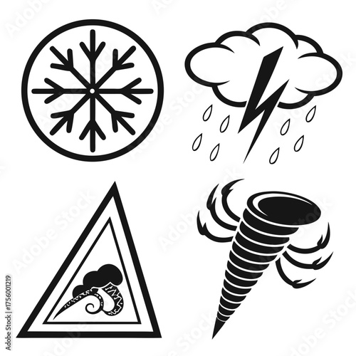 Collection of stylized weather icons representing extreme weather conditions including a snowflake thunderstorm storm warning sign and a tornado