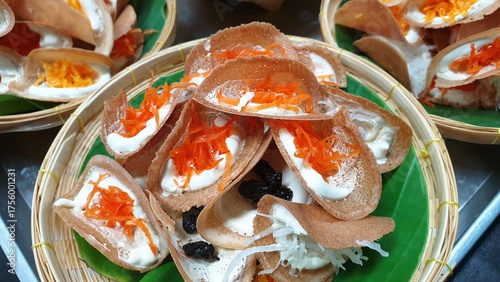 Thai Crispy Pancakes in Woven Baskets, Thai dessert, Thaifood.