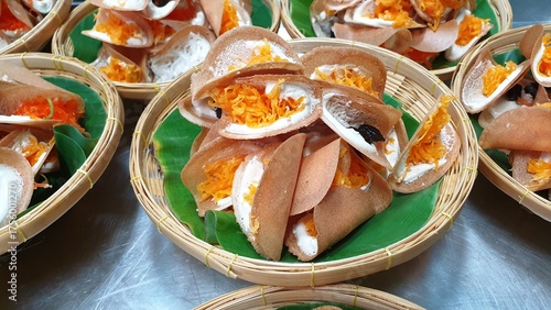 Thai Crispy Pancakes in Woven Baskets, Thai dessert, Thaifood.