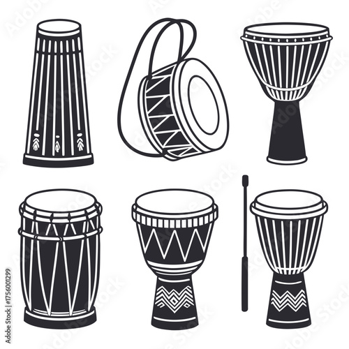 Collection of african drums and percussion instruments in a stylized black and white illustration style