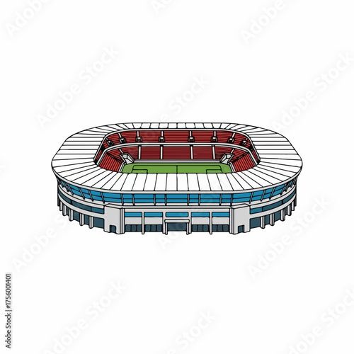 Sport stadium for football games with seating and green grass, architecture design. Sport stadium is drawn in a simple style with stands, sports area and gates, for matches and events.