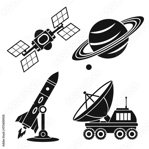 Collection of black and white vector icons representing space exploration including a satellite planet rocket and rover on a white background