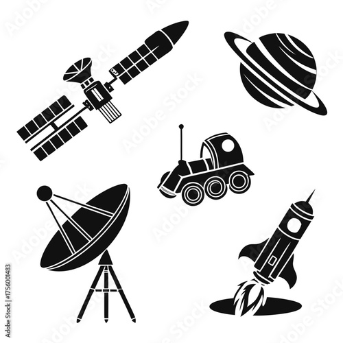 Collection of black silhouette icons representing space exploration including a satellite a planet a rover a rocket and a satellite dish