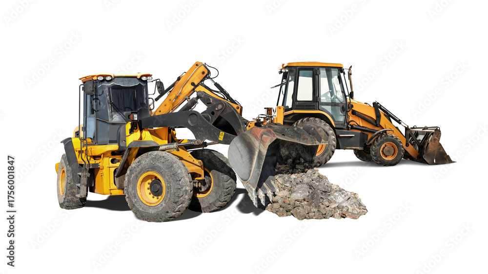 Naklejka premium Against an isolated background, two powerful construction machines – wheel loaders – are seen actively engaged in demolition and clearing the area of debris.