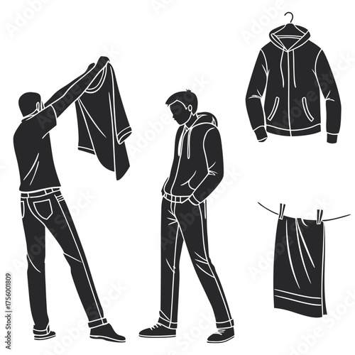 Silhouette of a man holding a t shirt and another man in a hoodie with clothing items like a hoodie and towel hanging on a clothesline