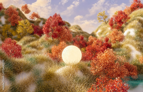 Abstract Autumn landscape scene with a moon. 3d rendering.
