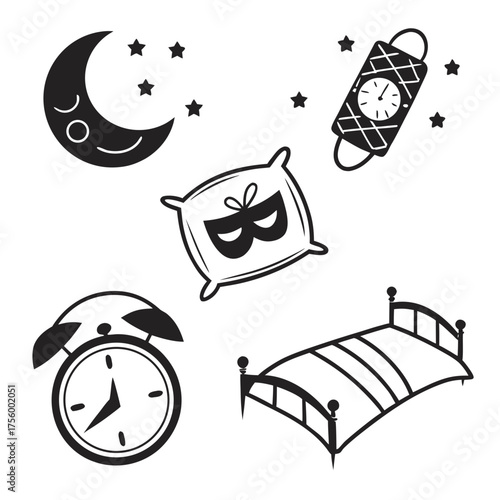 Collection of sleep related icons including a crescent moon with stars a pillow with a sleep mask an alarm clock a bed and a ticking clock
