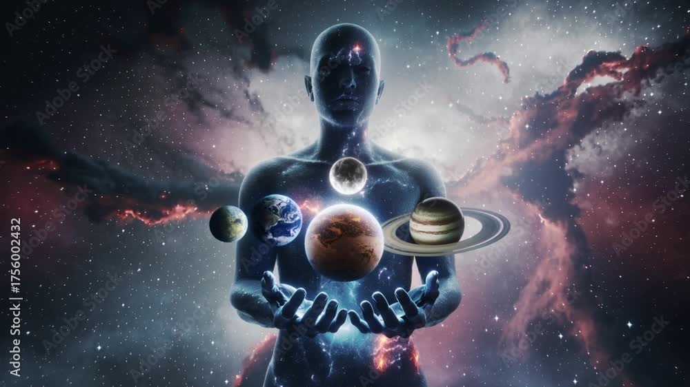Silueta cósmica textura de nebulosa y polvo estelar sosteniendo planetas en la palma de sus manos