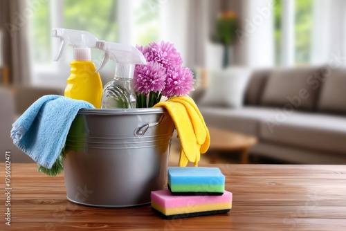 Cleaning supplies bucket with sponges for spring cleaning