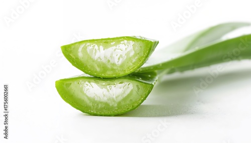 Close-up of vibrant Aloe Vera with green outer layer and moist interior against a white backdrop