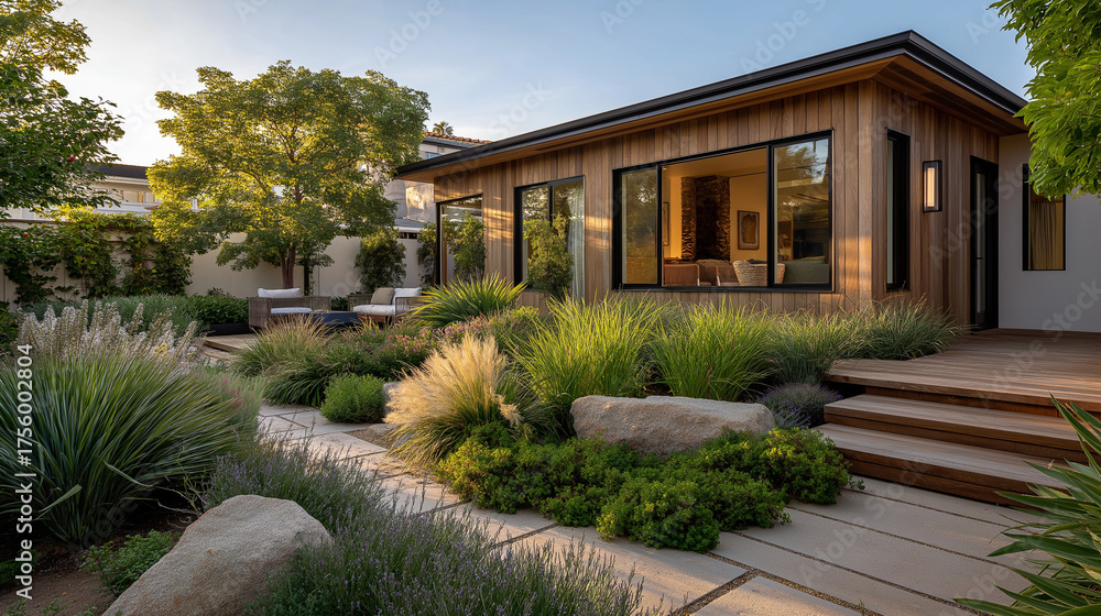 Obraz premium Contemporary Wooden Home & Landscaping: A modern wooden house with large windows overlooks meticulously designed landscaping, creating a seamless blend of indoor and outdoor living, a serene escape.