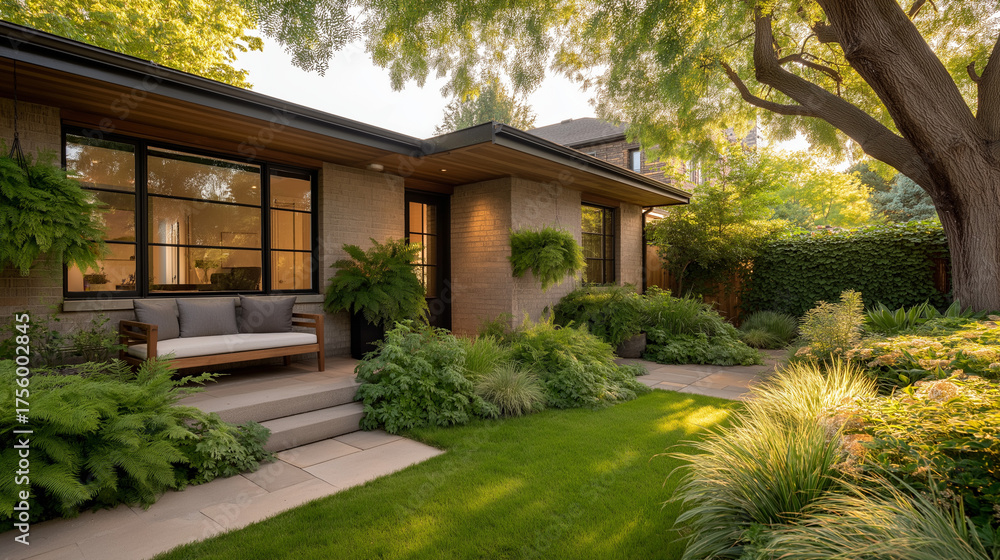 Naklejka premium Serene Suburban Residence: Capturing the beauty of modern architecture surrounded by lush landscaping, inviting a sense of tranquility and comfortable living.