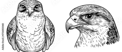 An intricate illustration of a falcon in black and white details its sharp features and complex feather patterns