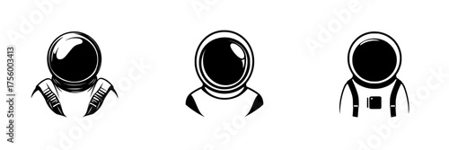 Different styles of astronaut helmets designed for space exploration and adventure in a minimalist black and white illustration