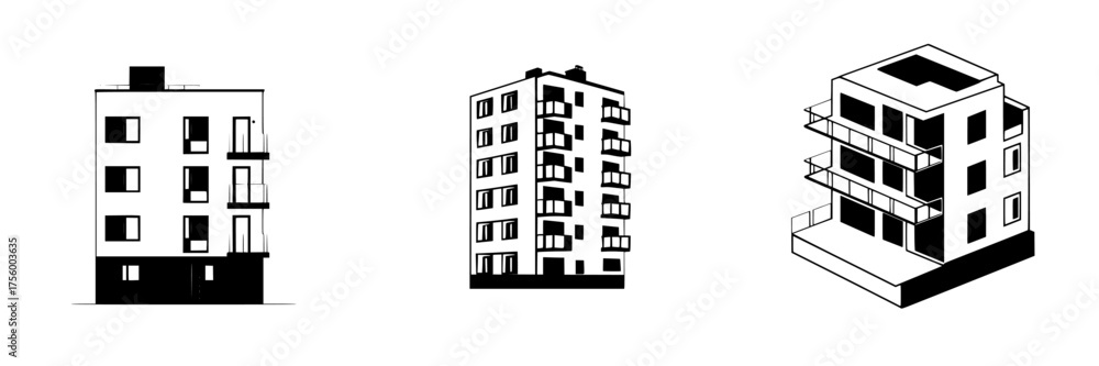 Fototapeta premium Modern architectural designs featuring multiple residential buildings in a minimalist style