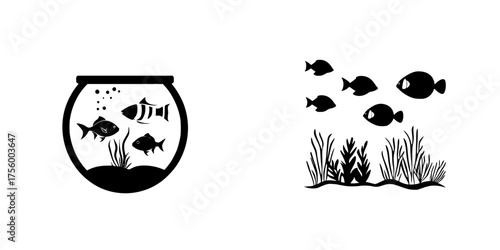 Decorated fish bowl with colorful fish and underwater scene in simple black and white style