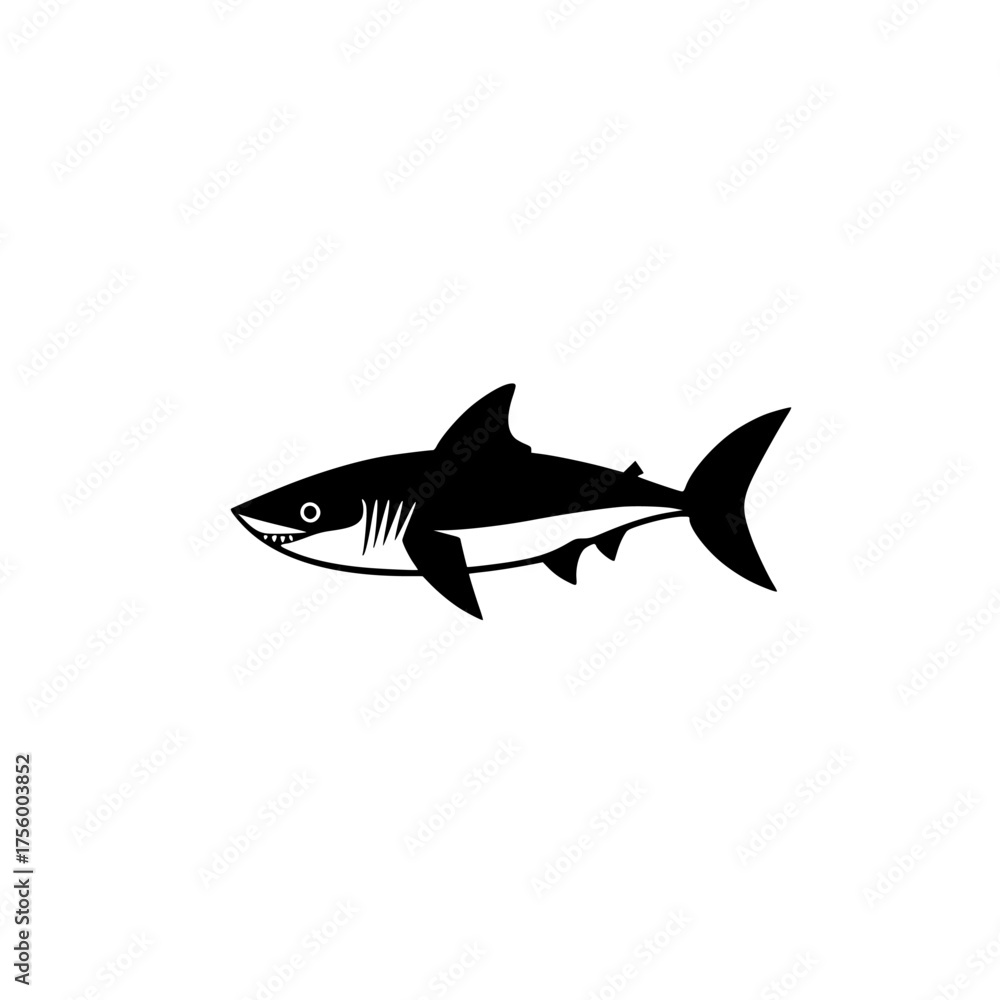 Fototapeta premium Black and white silhouette of a shark swimming in open water depicting marine life and ocean exploration