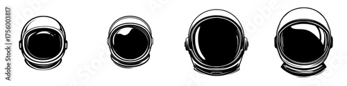 Different styles of astronaut helmets displayed horizontally with varied designs in black and white colors