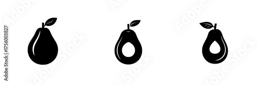Stylized illustrations of pears in black and white showcasing different angles and details