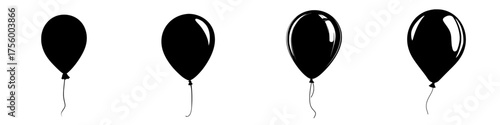 Black balloons floating against a white background showcasing various heights and shapes in a minimalistic style