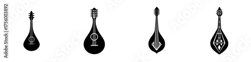 Various traditional string instruments displayed in silhouette form against a white background