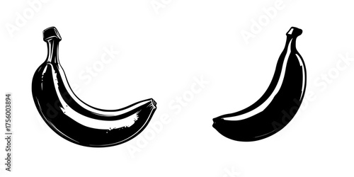 Two simple black and white illustrations of bananas on a plain background showcasing their unique shapes and curves