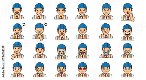 Vector icon set of middle aged male worker wearing hat with different facial expressions simple clean illustration for avatar emoji sticker character design communication and workplace graphics