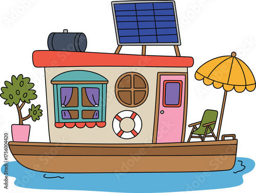 Colorful cartoon illustration of cozy houseboat with solar panels, umbrella, and deck chair floating on calm blue water