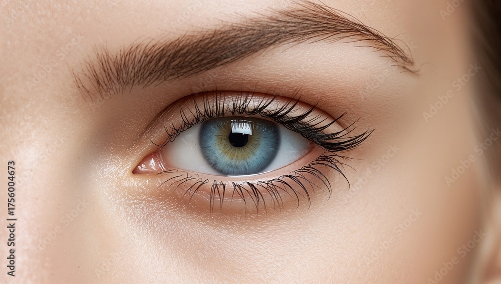 Obraz premium Detailed view of a beautiful female's blue eye featuring subtle makeup, looking directly into the lens.