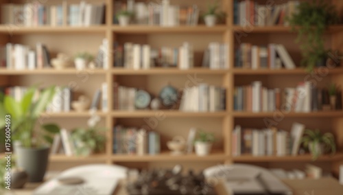 Soft-focus backdrop showcasing a warm reading nook with wooden bookcases stocked with diverse books and accentuated by little green plants, offering a peaceful and welcoming atmosphere