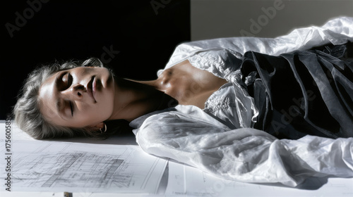A striking image of an elegant woman laid among architectural sketches symbolizes creativity, design, and the fusion of artistry with human expression, delivered in a visually stunning manner.