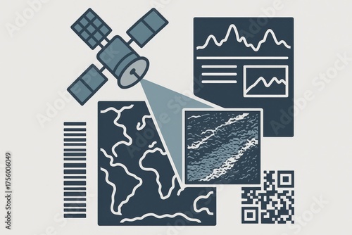 Analytical depiction of satellite technologies utilizing advanced spatial data visualization, featuring intricate patterns and technical illustrations for modern geospatial intelligence solutions
