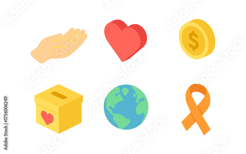 Colorful charity and donation icons set: heart, hand, coin, box, globe, ribbon