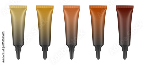 Set of tubes with long nozzle and black cap. Gradient yellow, gold, beige, bronze and brown tubes. Cosmetic packaging. Serum or ointment. Gel or cream. Foundation or concealer. 3d