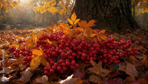 Cluster of vibrant red rowan berries amidst fall foliage