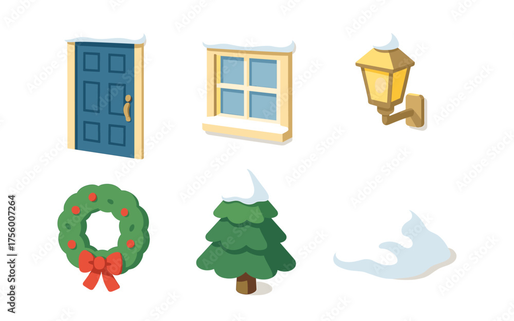 Fototapeta premium Winter scene elements with door, window, and seasonal decor in isometric style