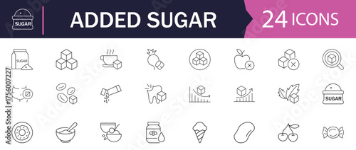 Sugar set of web icons in line style. Vector illustration in thin modern style featuring glucose, stevia, sweets, and other dietary and health-related sugar elements. Solid linear icons.