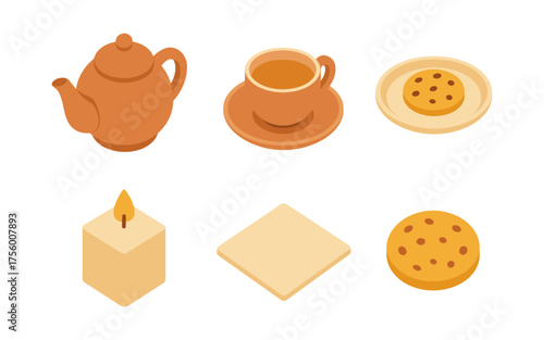 Isometric tea time set with cup teapot candle and cookies