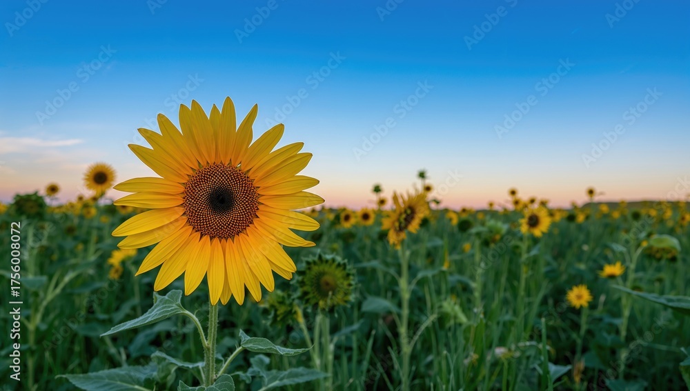 Fototapeta premium Stunning golden sunflower standing tall in a meadow, floral scenery at dusk during the warm season