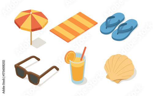 Summer beach essentials isometric set: umbrella, flip flops, sunglasses, drink, and shell