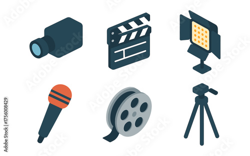 Isometric movie production equipment icons: camera, clapperboard, microphone, reel
