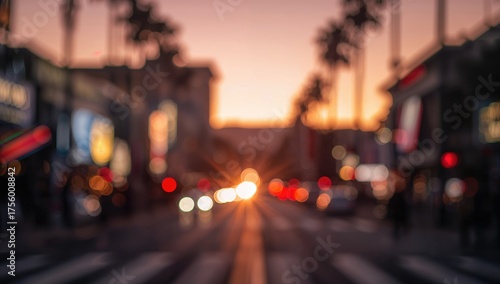 Sunset bokeh effect on a famous star-studded sidewalk - Abstract blurred view with vibrant colors and emotional tone