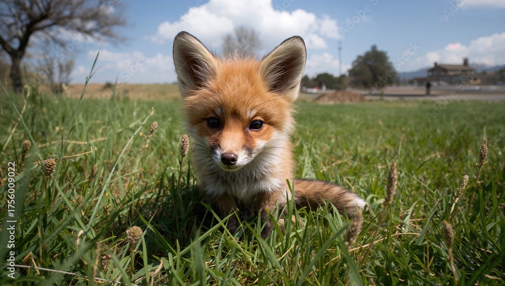 Obraz premium A young fox nestled in the grassy field