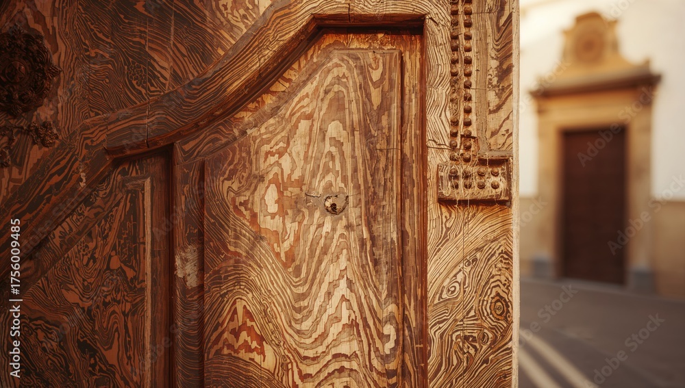 Fototapeta premium Close-up view of a vintage wooden door showcasing intricate patterns and textures