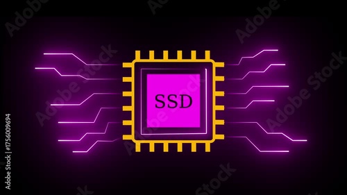 neon line Computer SSD icon, digital SSD icon isolated . 4k animation