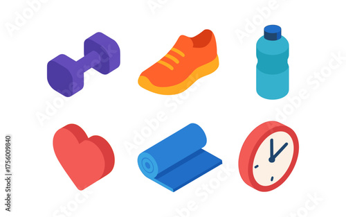 Isometric fitness icons set: dumbbell, running shoe, water bottle, heart, yoga mat, clock